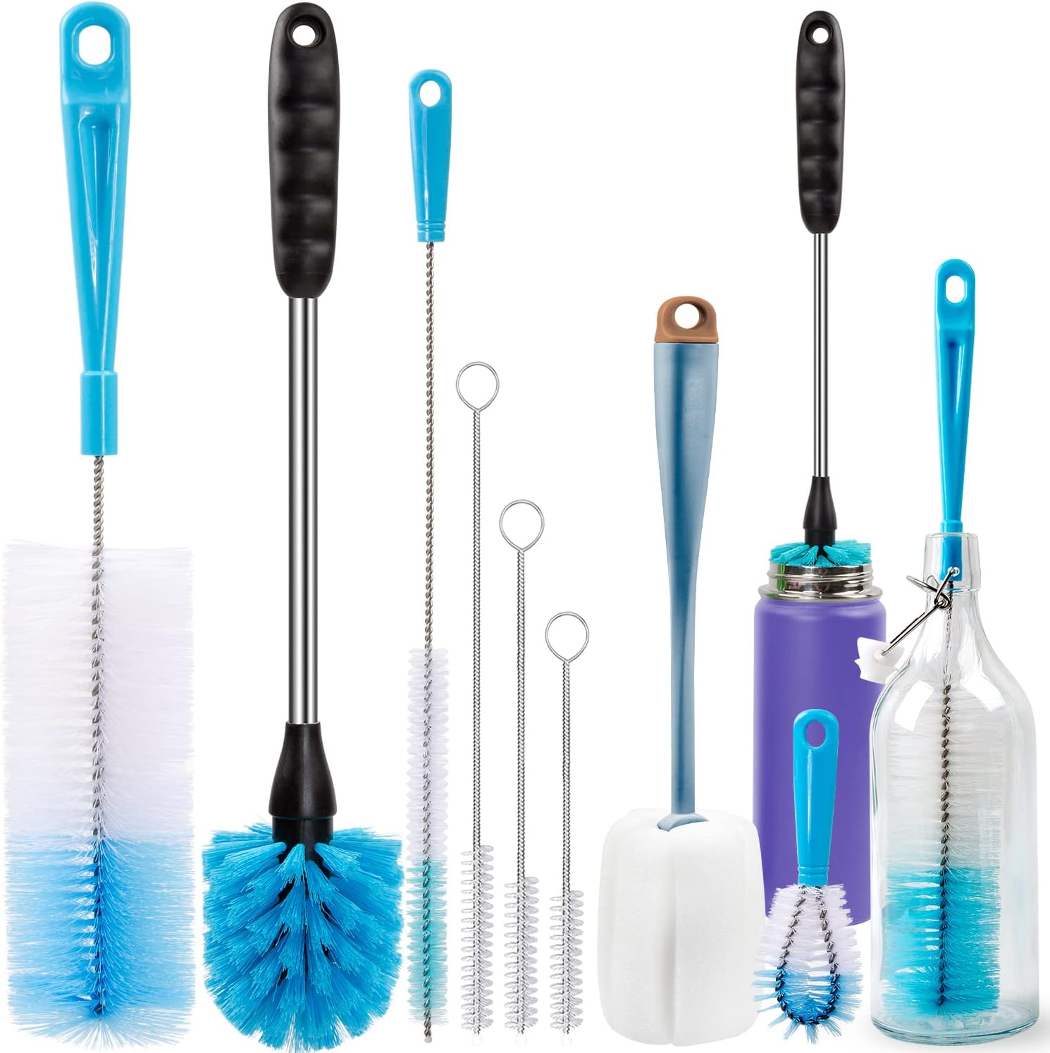 Holikme 8 Pack Bottle Brush Cleaning Set, Long Handle Bottle Cleaner for Washing Narrow Neck Beer Bottles Wine Decanter Narrow Cup Pipes Sinks Cup Cover, White