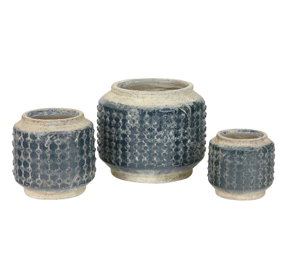 Dark Blue Round Ceramic Cachepots, Set of 3