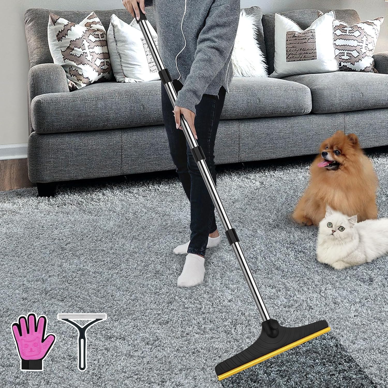 B-Land Carpet Rake for Pet Hair Removal, Reusable Pet Hair Remover with 60鈥?Adjustable Long Handle, Carpet Scraper Dog Cat Hair Remover Tool for Rugs, Mats