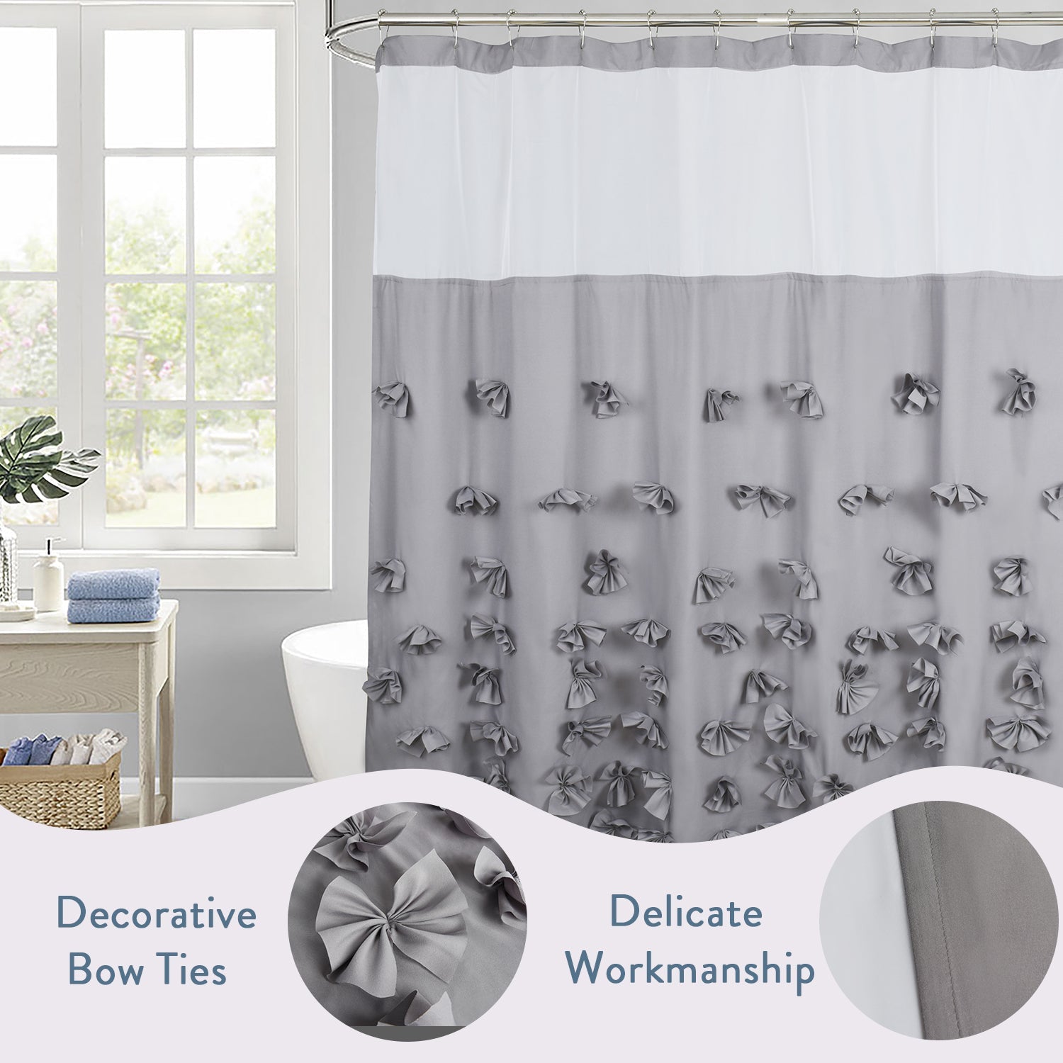 HIG Farmhouse Shower Curtain with Waterproof Detachable Liner, Boho Decorative Bathroom Curtain with Butterfly Flowers, Vintage Fabric Shower Curtain with See Through Window, 72