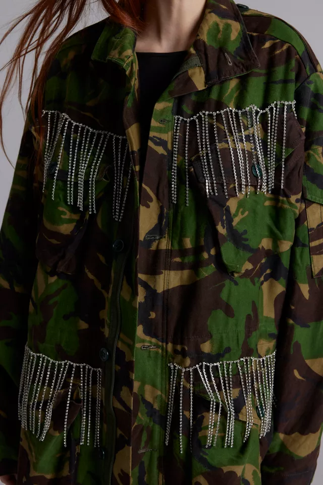 ReMADE By UO Rhinestone Fringe Camo Jacket