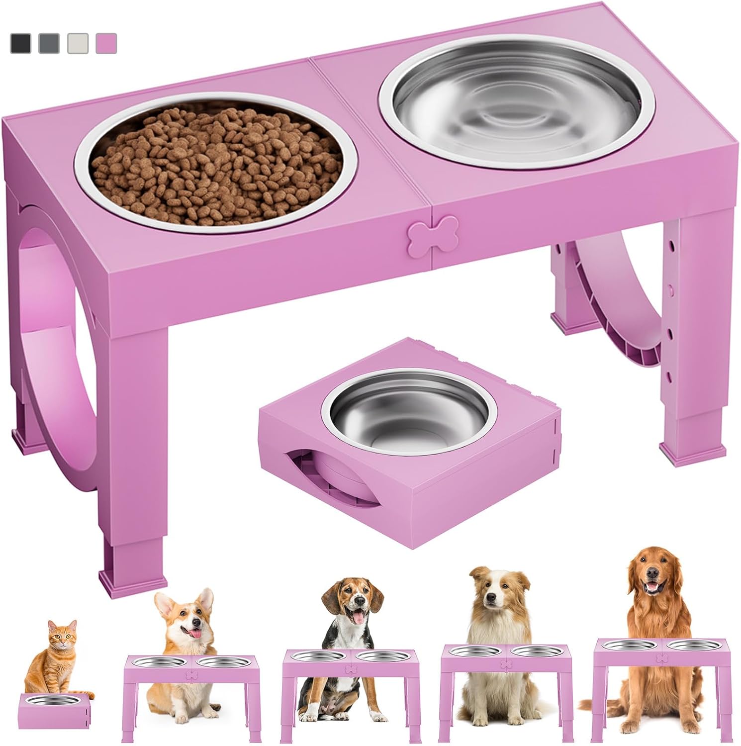 XIAZ Elevated Dog Bowls Large Breed Raised Dogs Bowl Stand Large/Medium Sized Dog Stainless Steel Food Water Bowl Stands 5 Heights Adjustable 9/11/12/14in Black Pet Feeder Dish Station