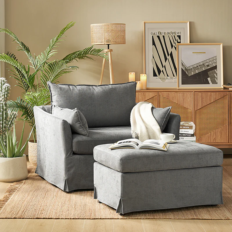 Miles Slipcovered Armchair with Large Ottoman