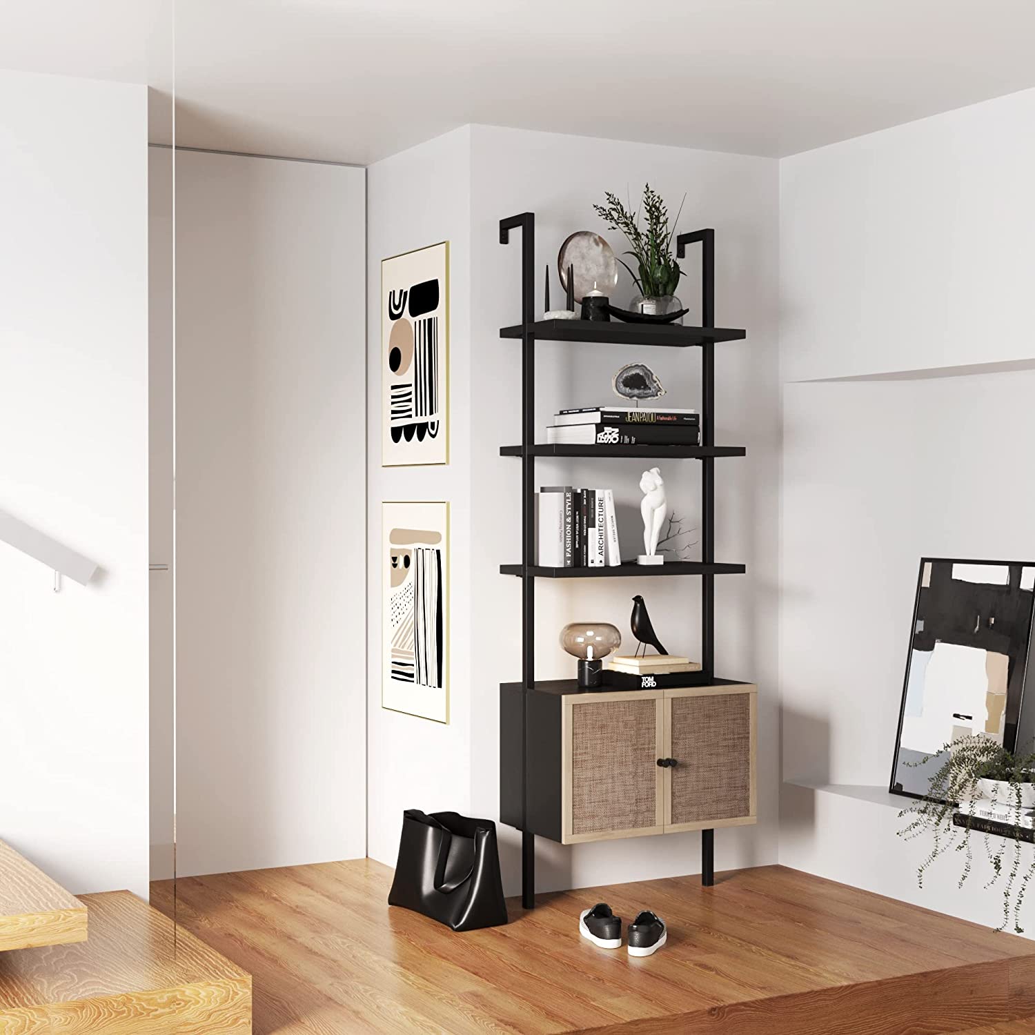 Nathan James Theo Modern Bookcase with Rattan Cabinet in Matte Black and Light Oak Finish with Matte Black Metal Frame for Living Room, Home Office Storage