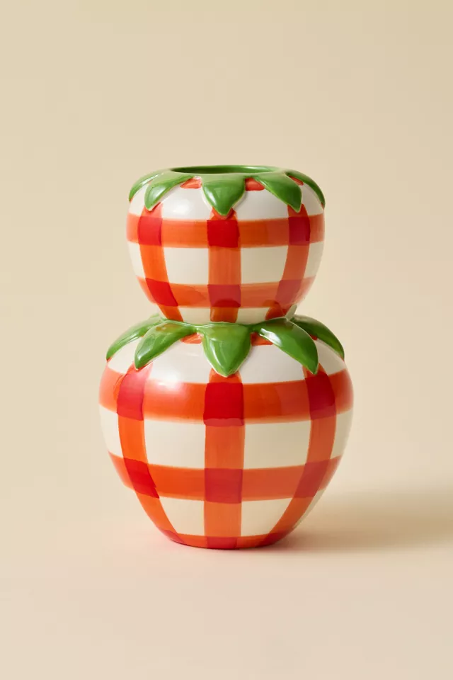 Stacked Strawberry Gingham Ceramic Vase
