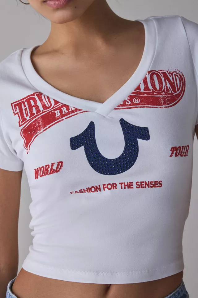 True Religion Horseshoe Crystal Graphic V-Neck Baby Tee