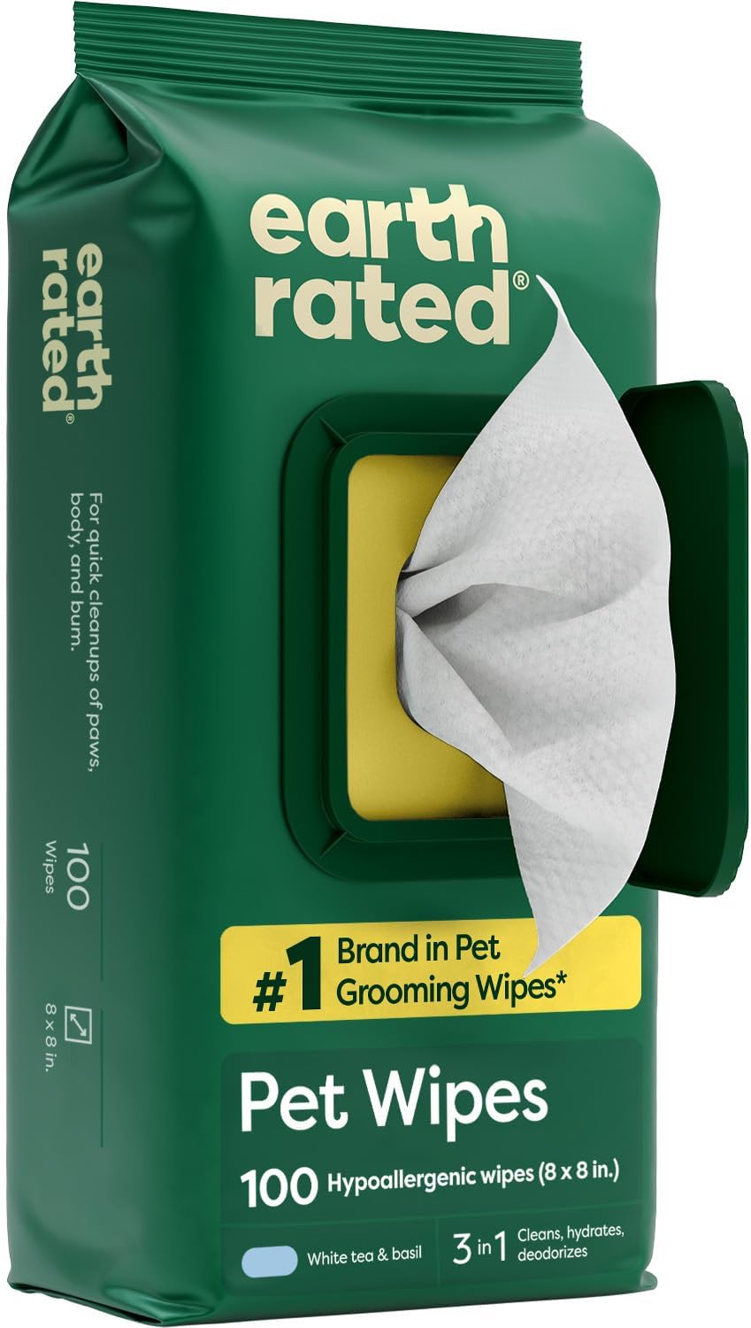 Earth Rated Pet Wipes for Dogs and Cats, Hypoallergenic, 3-in-1 Cleaning, Deodorizing and Hydrating, for Grooming Paws, Body and Butt, Unscented, 100 Count