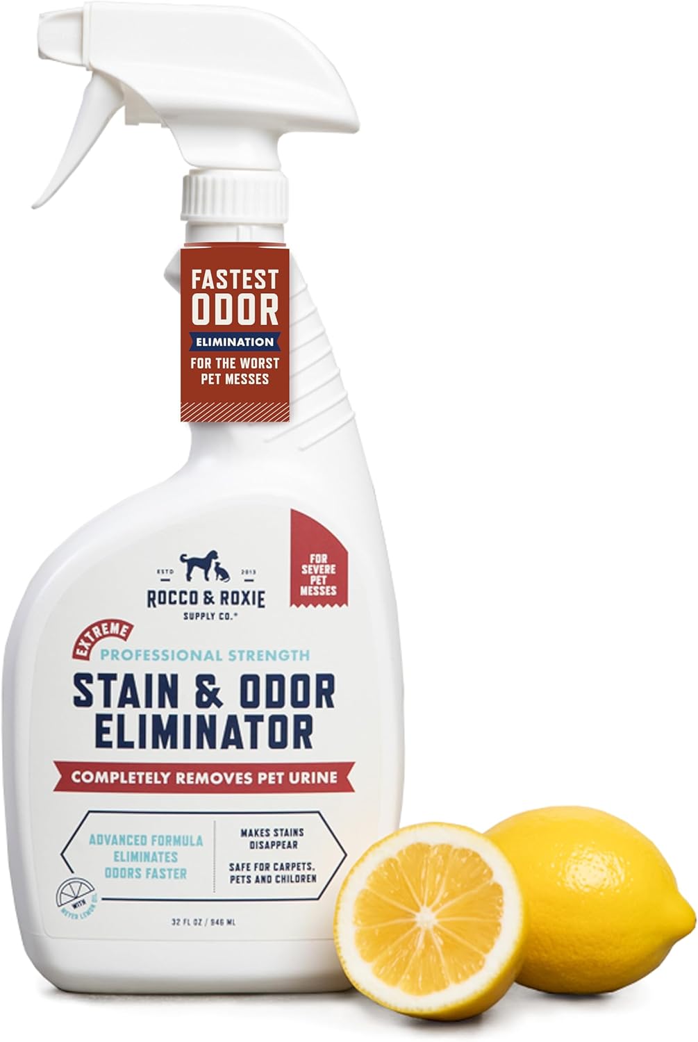 Rocco & Roxie Supply Co. Stain & Strong Odor Eliminator, Enzyme Cleaner, Pet Odor Eliminator for Home - Carpet Stain Remover for Cats & Dog Pee - Urine Destroyer - Carpet Cleaner Spray Clear, 32 Fl Oz