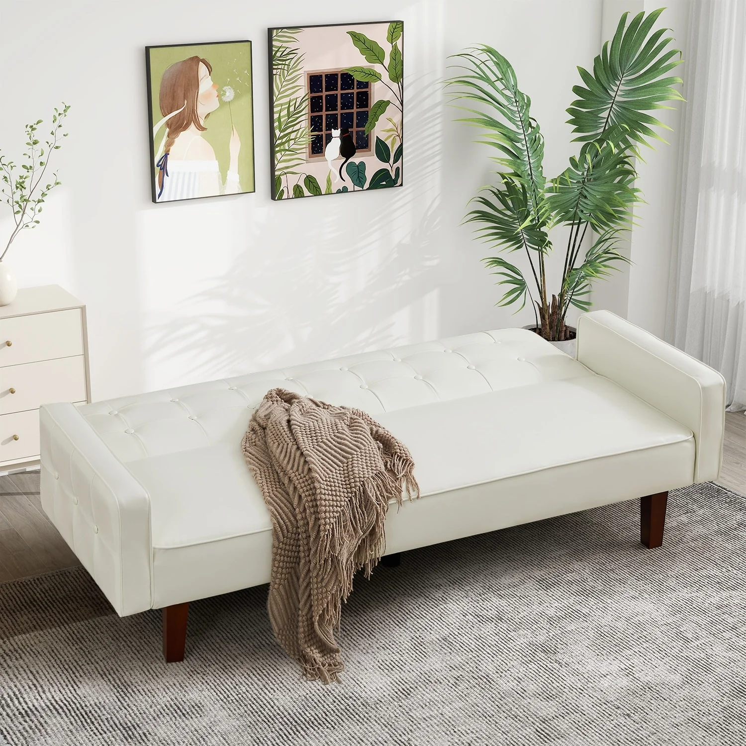 74.4L Faux Leather Full Handcrafted Button Tufted Sofa 3-Seat, Convertible Sleeper Couch Adjustable Backrest