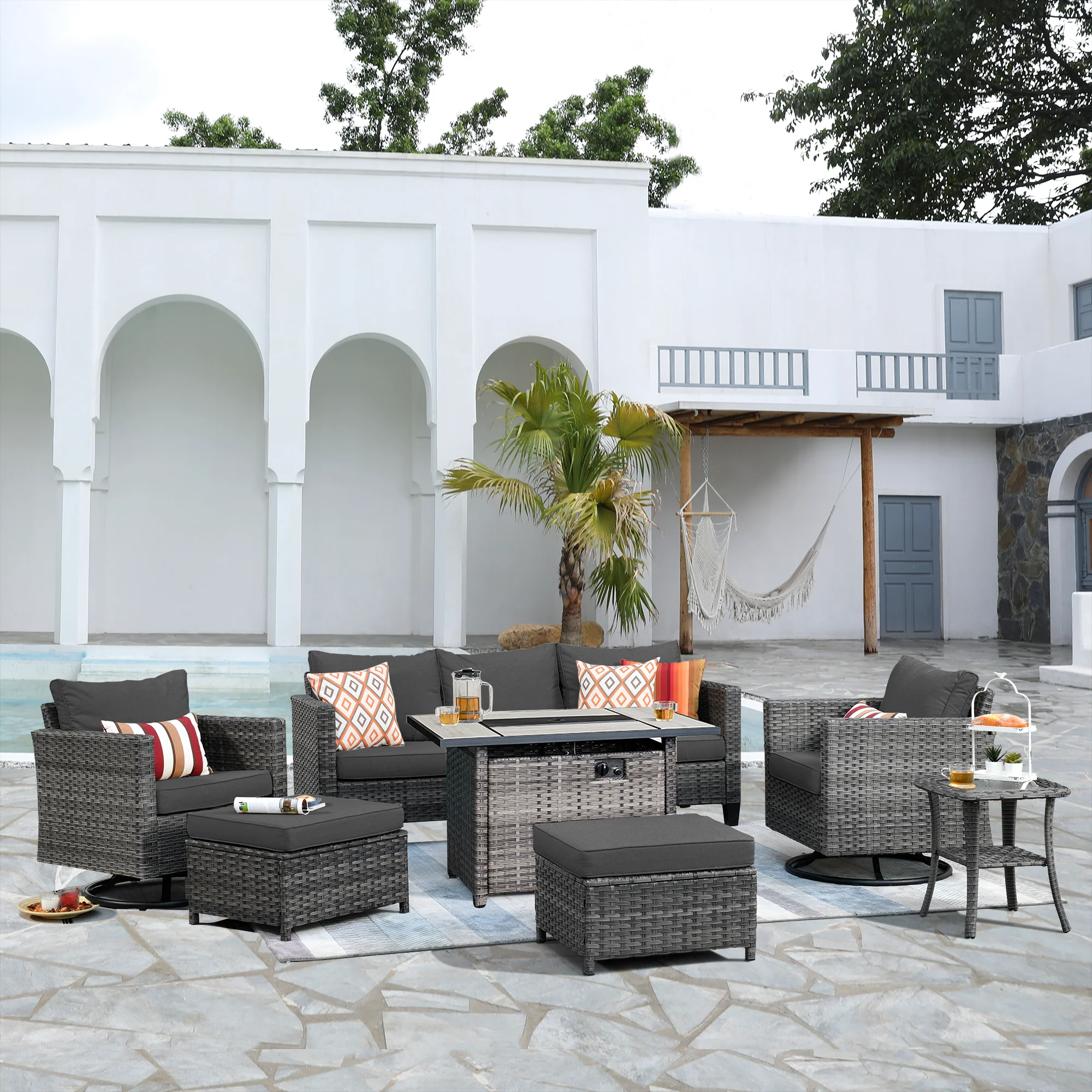 Ovios Patio Vultros 7-Piece Set With Swivel Chair and Rectangle 42'' Propane Fire Pit Table
