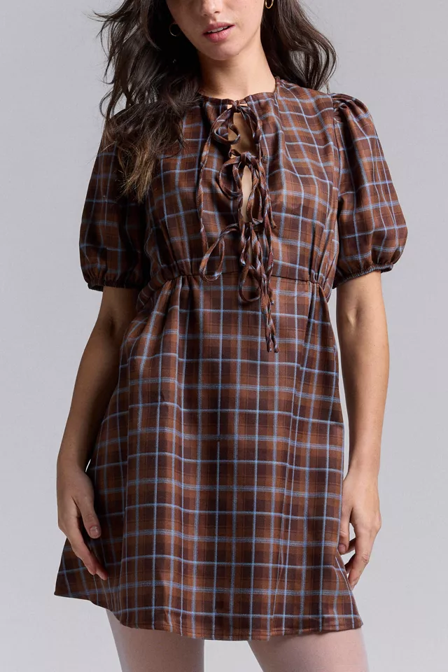 Glamorous Brown Plaid Tie-Front Mini Dress