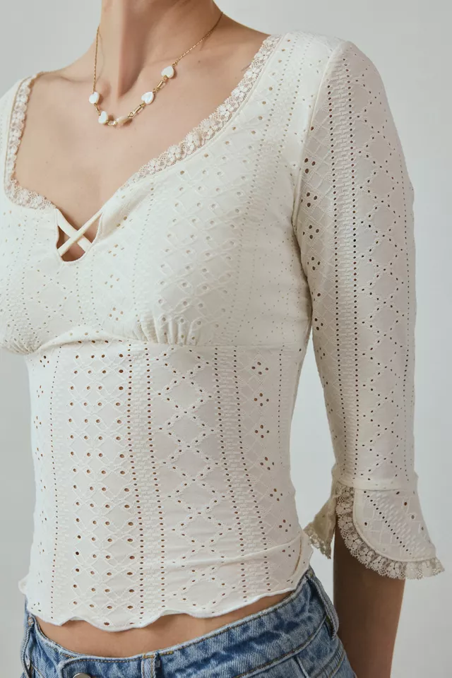 Kimchi Blue Zarina 3/4 Bell Sleeve Eyelet Knit Crop Top