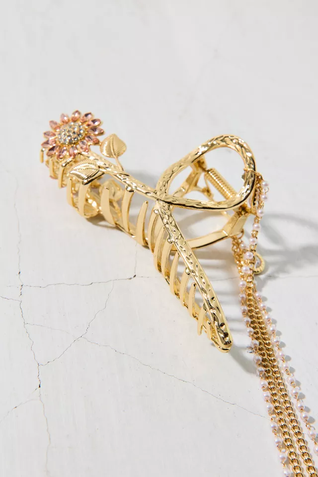 Gem Sunflower Pearl Chain Dangle Claw Clip