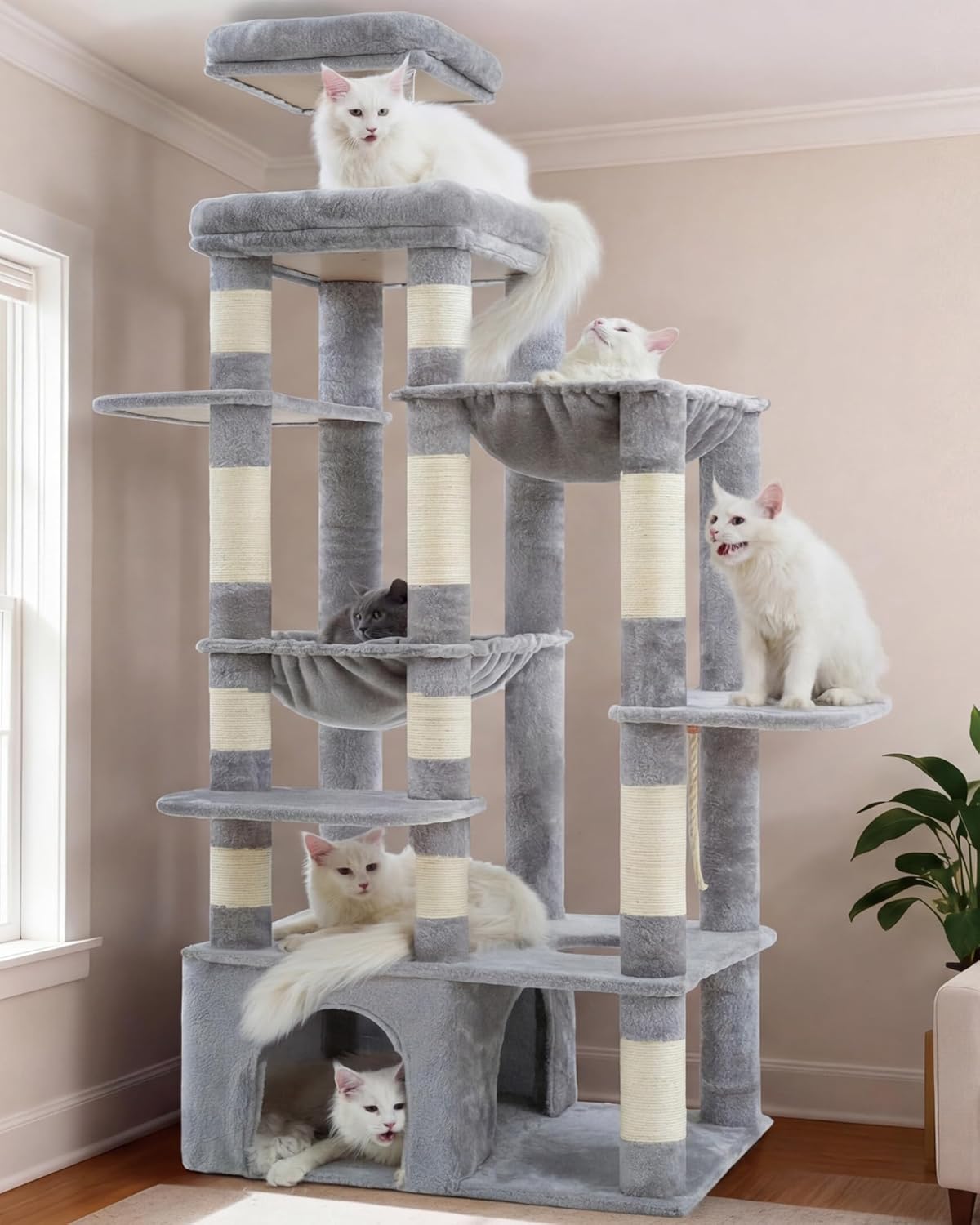 Heybly Heavy Duty Cat Tree, Tower for Indoor Cats Large Adult, Tall Cat Condo House with Extra-Large Baseboard, Multi-Level Plush Furniture with Scratching Posts, Hammock,Toy Balls,Light Gray HCT026W