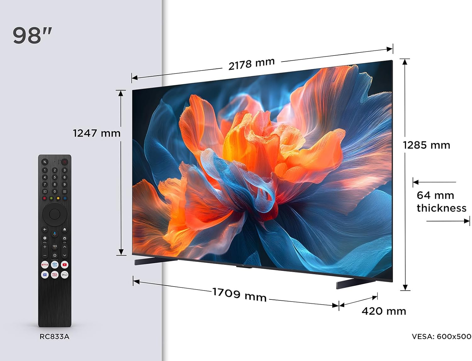 Intelligenter TCL 98T8C QLED 4K HDR Ultra HD-Fernseher mit 98 Zoll und Google TV (Dolby Vision Atmos, Motion Clarity Pro 144 Hz, Game Bar, ALLM, FreeSync, Onkyo 2.1, Sprachsteuerung) [Energieklasse E]