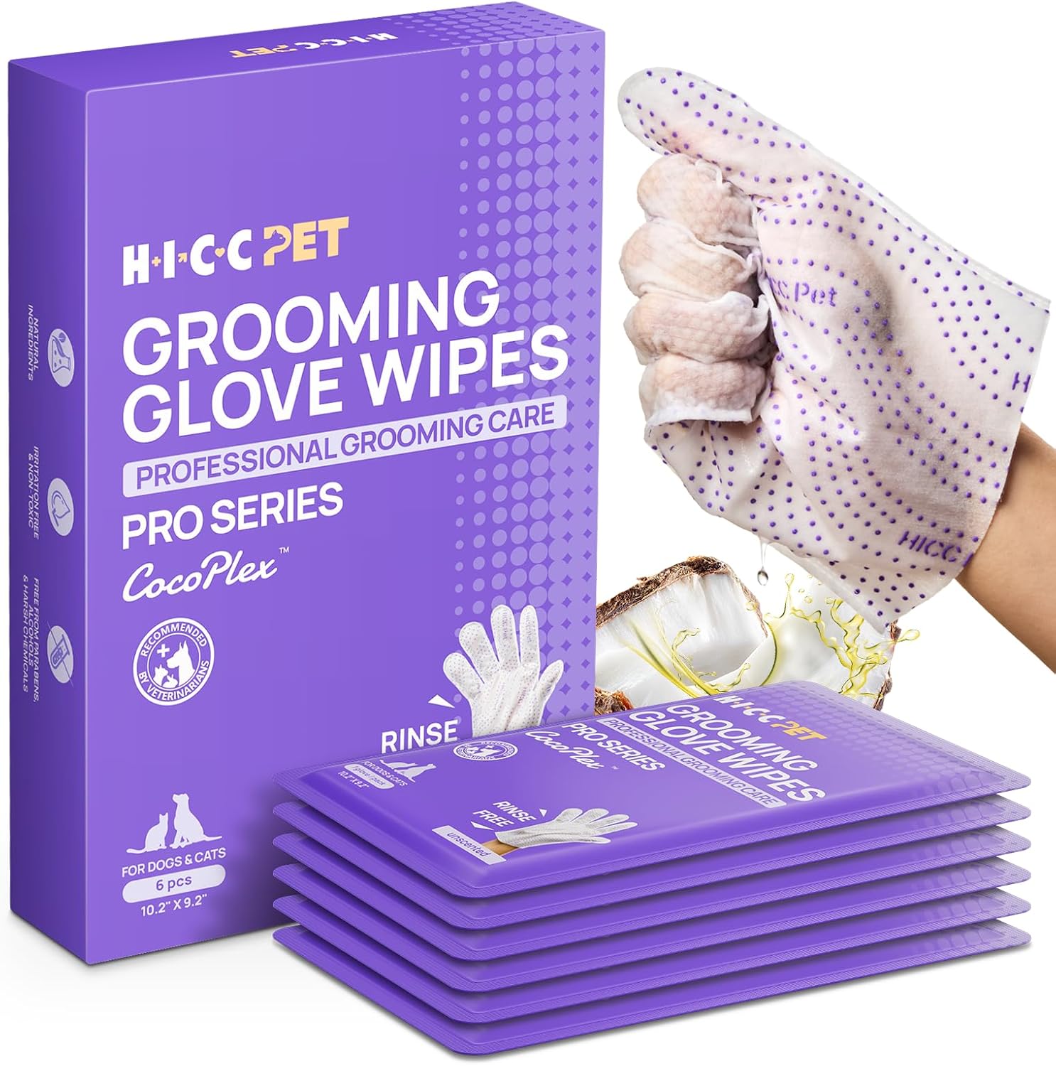 HICC PET Cleaning Deodorizing Glove Wipes for Dogs & Cats, Vet Recommended Hypoallergenic Hydrating & Nourish Fur Pet Grooming Glove Wipes, Pet Bathing Wipes for Horse Coat Care,20pcs Coconut Scent