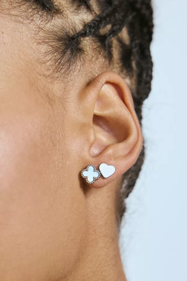 Waterproof Heart And Clover Stud Earring Set