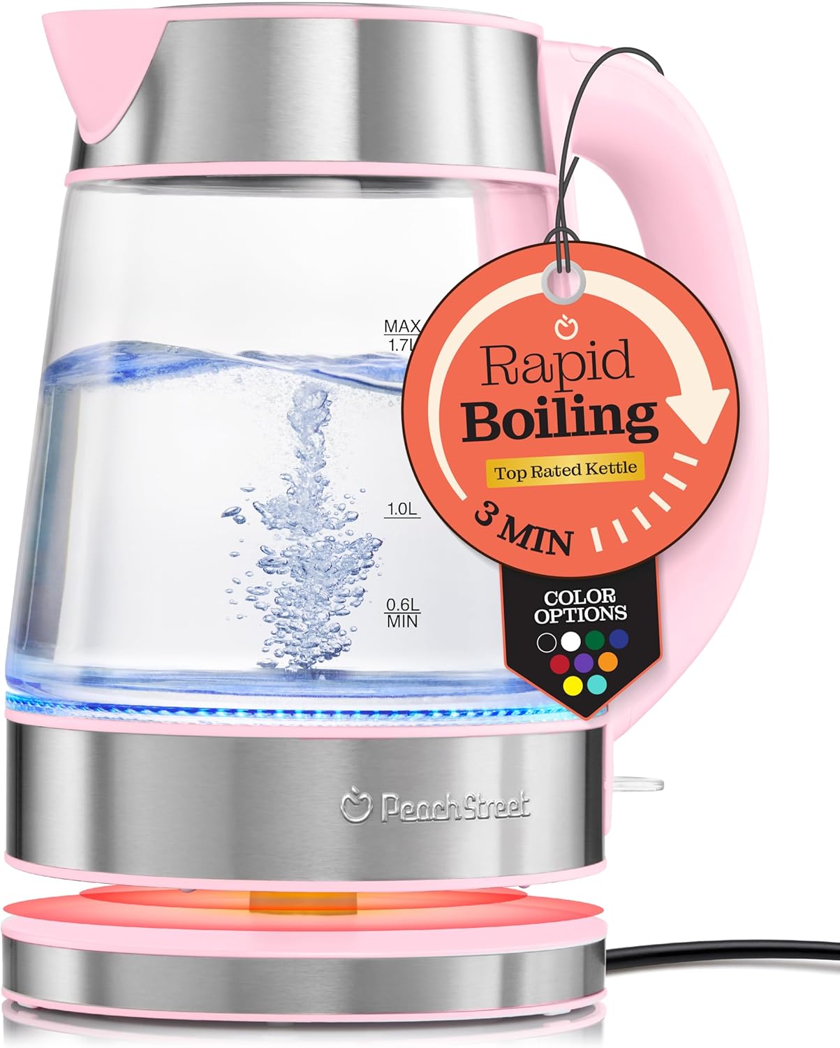 Speed-Boil Electric Kettle For Coffee & Tea - 1.7L Water Boiler 1500W, Borosilicate Glass, Easy Clean Wide Opening, Auto Shut-Off, Cool Touch Handle, LED Light. 360掳 Rotation, Boil Dry Protection