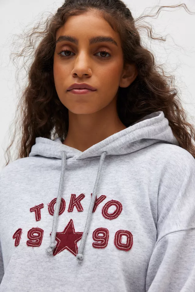 Tokyo Applique Graphic Cropped Hoodie Sweatshirt