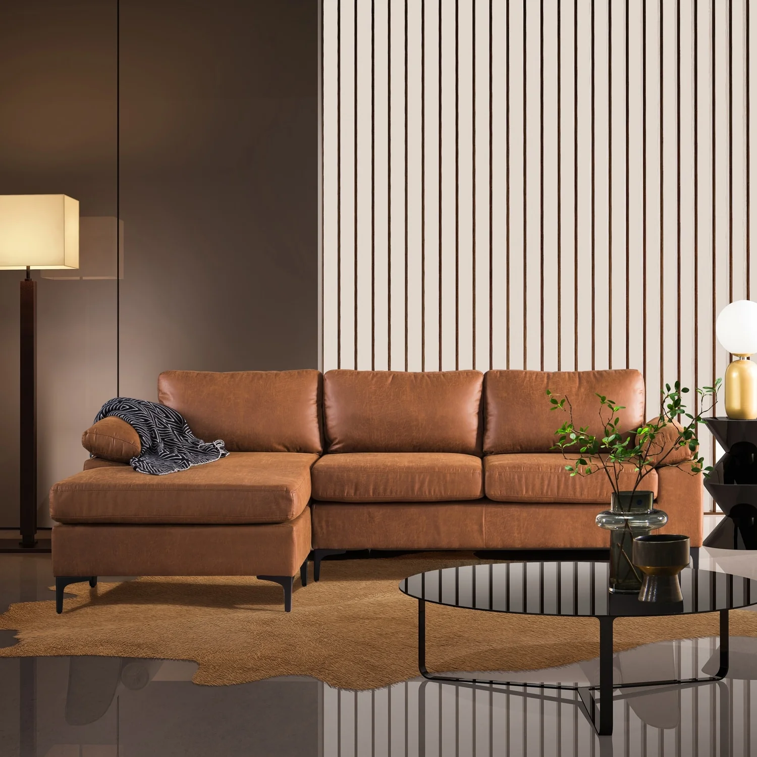 OVIOS Reversible Chaise Sofa With Fluffy Cushions Metal Legs