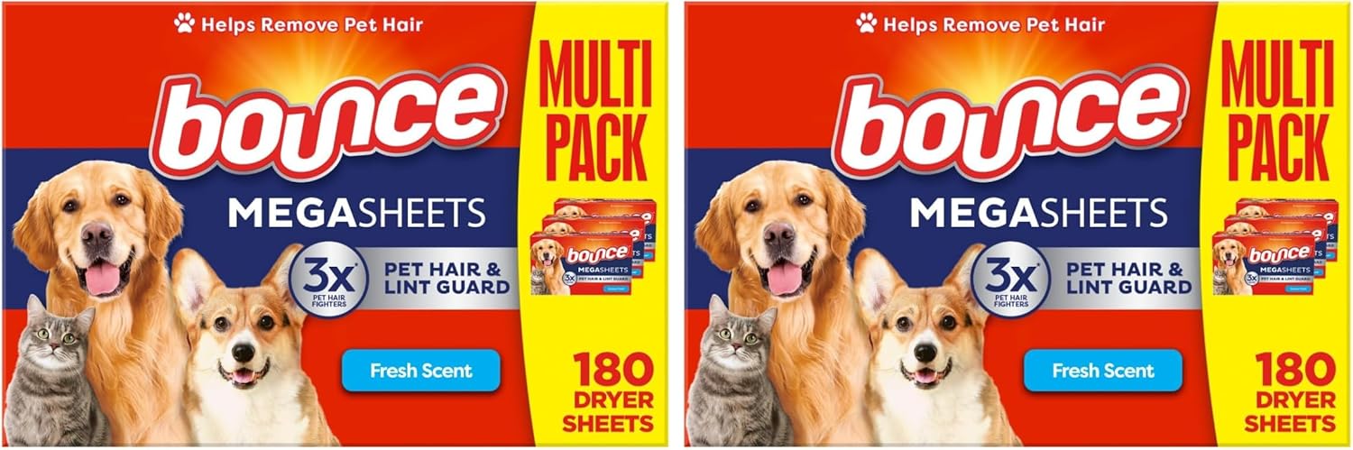 Bounce Pet Hair and Lint Guard Mega Dryer Sheets with 3X Pet Hair Fighters, Fresh Scent, 180 Count