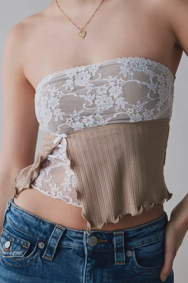 Kimchi Blue Blair Lace Ribbed Knit Flyaway Hanky Hem Tube Top