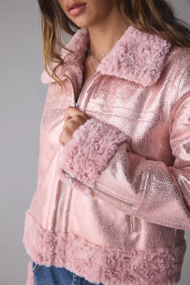 Unreal Fur Métallique Faux Fur Trim Aviator Jacket