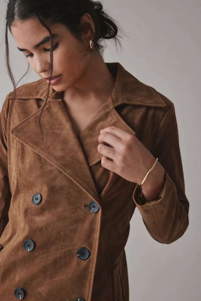 Avec Le Filles Double-Breasted Faux Suede Belted Trench Coat