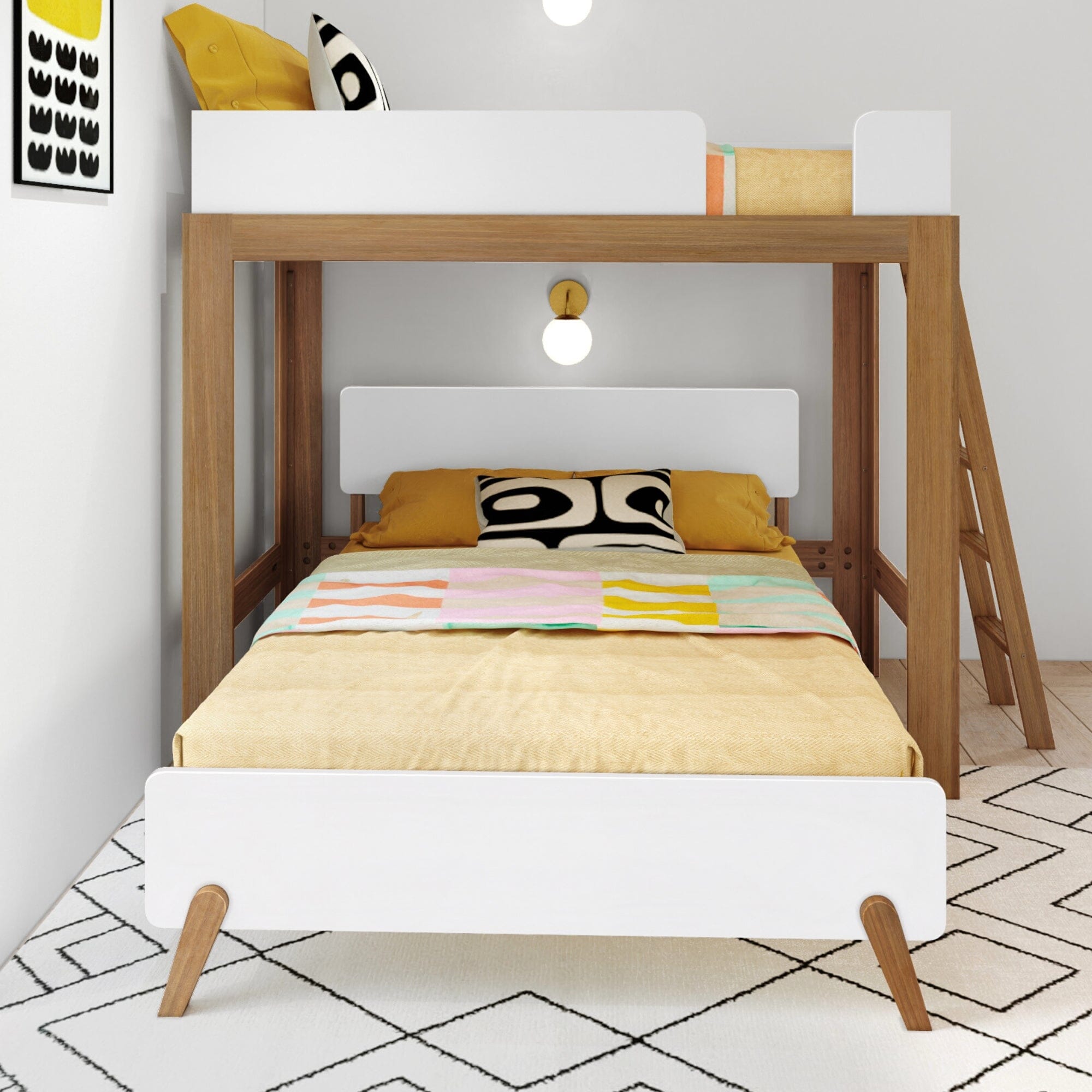 🎄Store Closing Sale💖Mid-Century Modern L-Shaped Twin Over Full Bunk Bed with Ladder on End