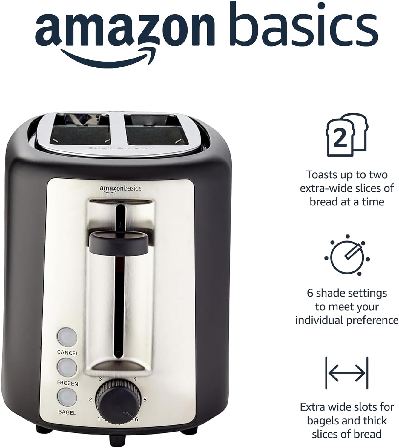 Amazon Basics 2 Slice Extra Wide Slot Toaster with Bagel Function, Removable Crumb Tray, 6 Browning Settings, Frozen Food Setting, Cancel Button, 900W, Black & Silver.