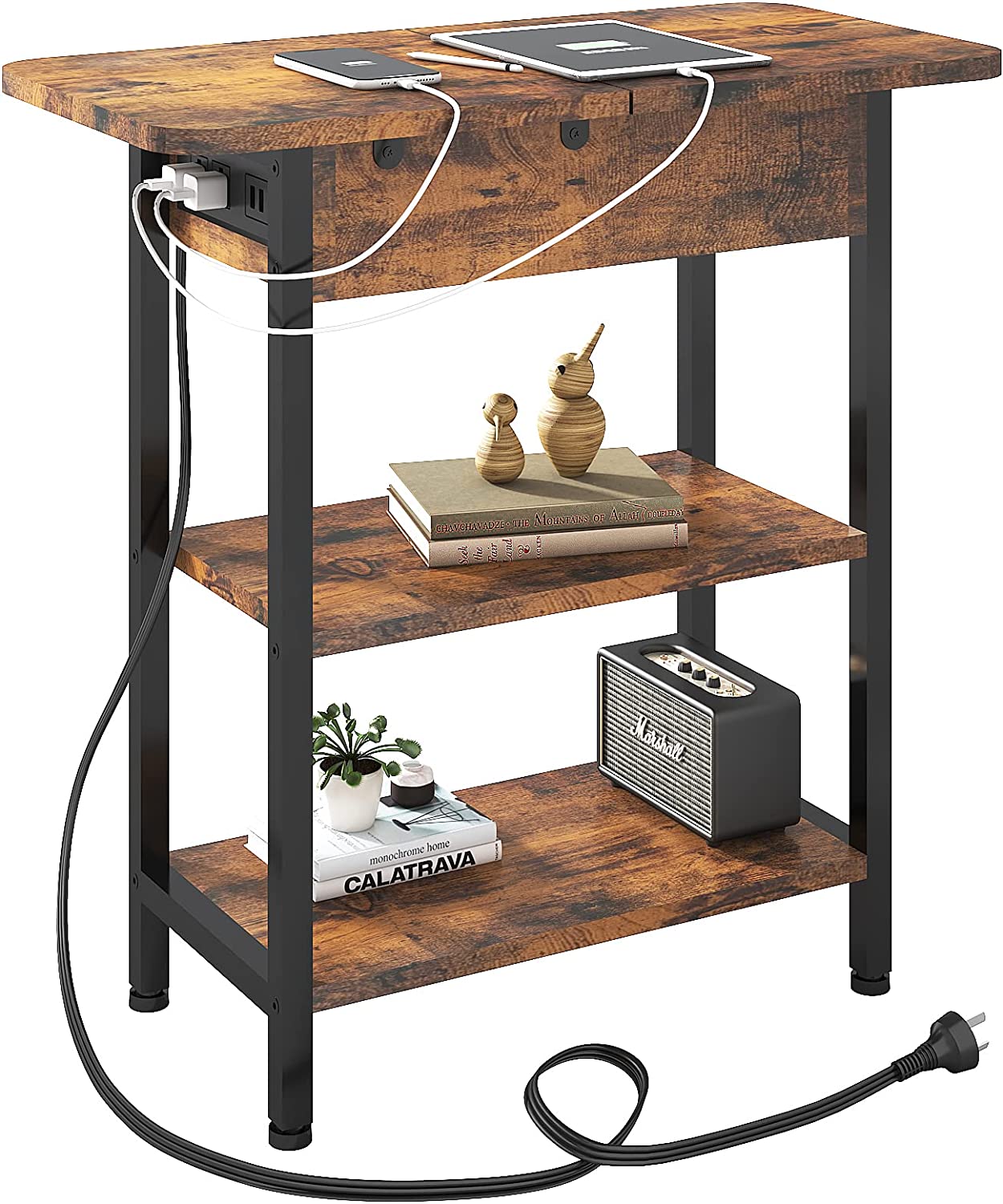 End Table with Charging Station, Flip Top Side Table with USB Ports and Outlets, Nightstand for Small Spaces, Bedside Tables with Storage Shelf for Living Room, Bedroom