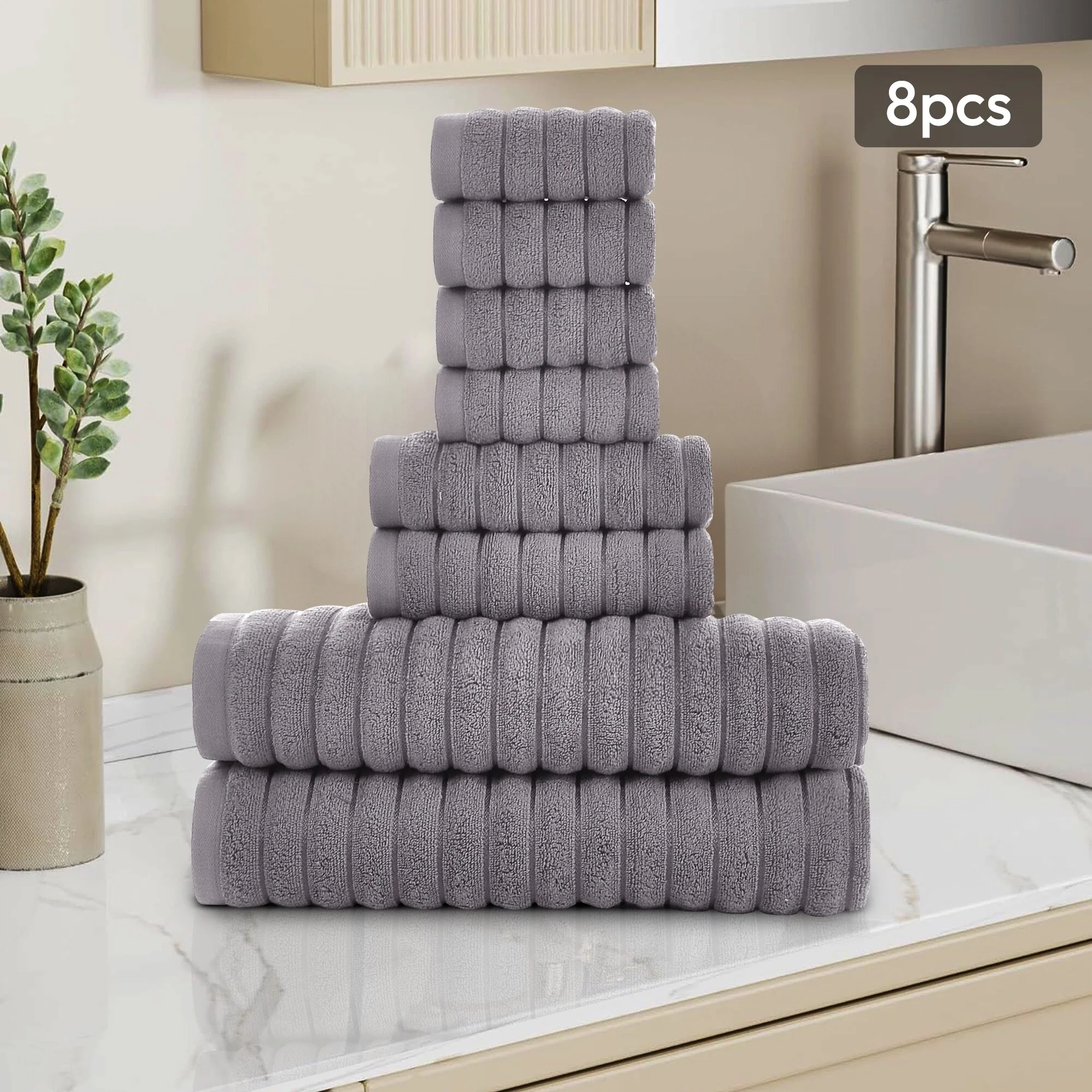 8 Piece Oversized Bath Towel Set, 100% Cotton Bath Towels, Highly Absorbant Bordered Towels