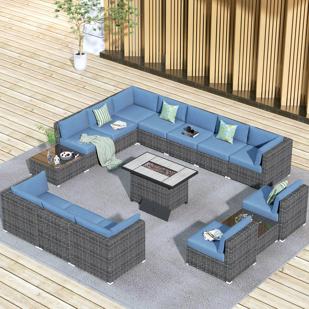 Ovios Patio Furniture Set 15-Piece with 42.12鈥欌€?Fire Pit and Glass Table