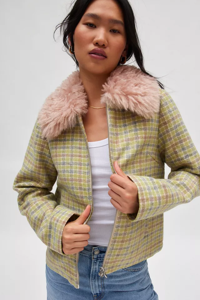 Kimchi Blue Mikey Faux Fur Trim Checked Jacket