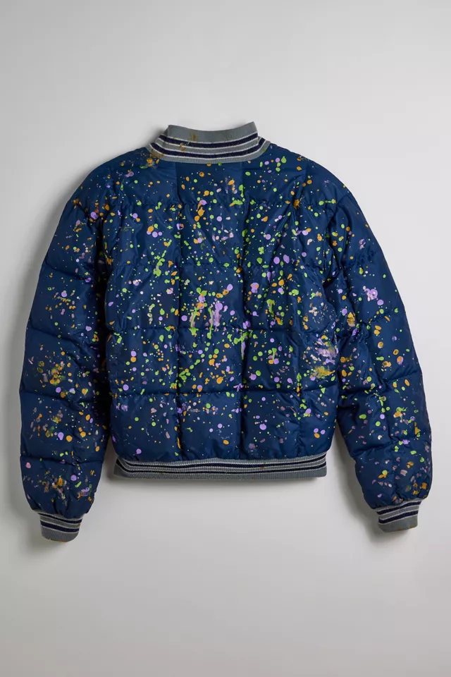Vintage Paint Splatter Varsity Puffer Jacket