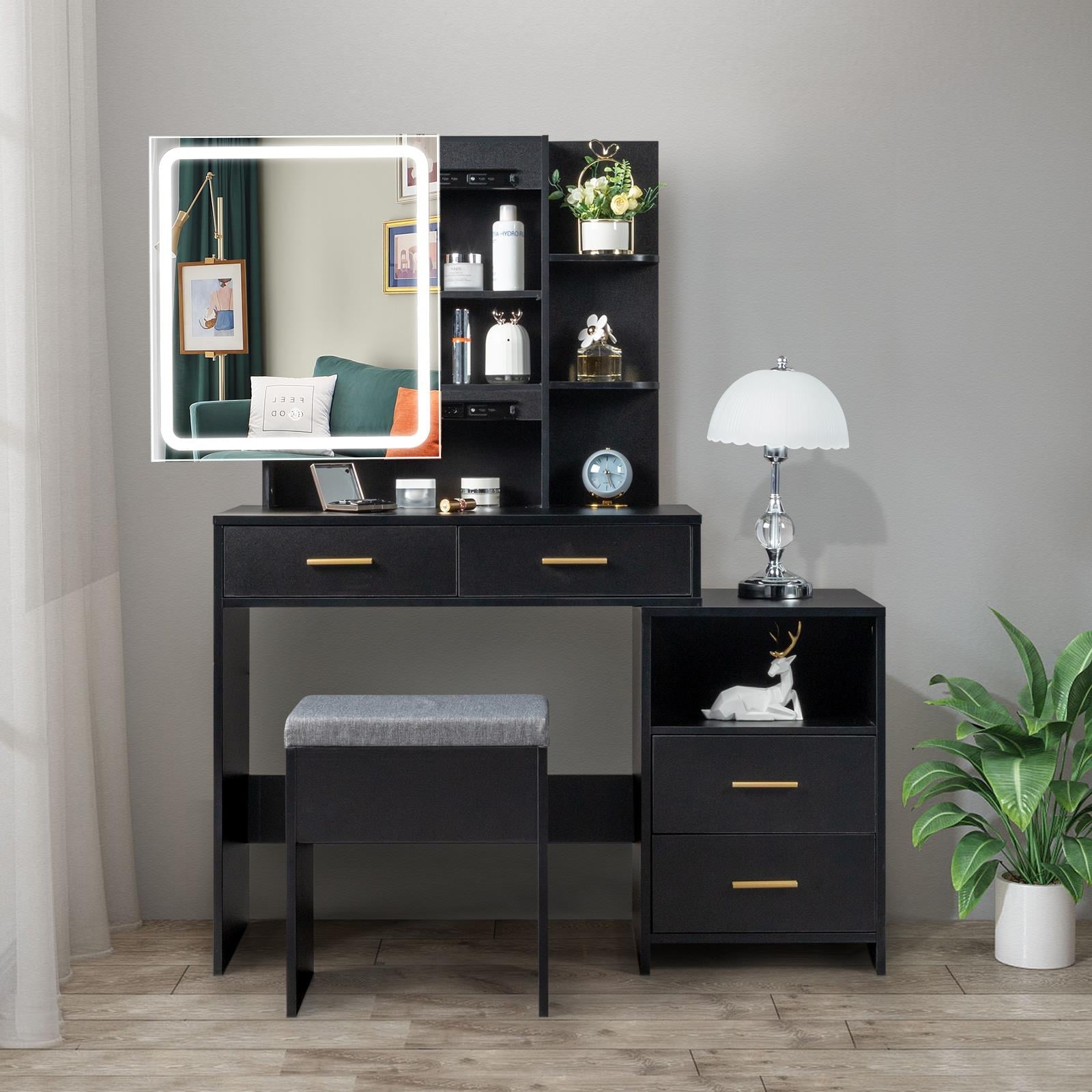 Lowest Prices - Ktaxon 3 Color Lighted Vanity Table with Sliding Mirror Vanity Set with Storage Drawers Hidden Shelves Cushion Stool White