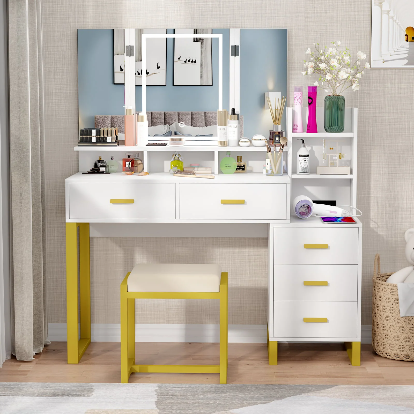 Lowest Prices - PAKASEPT Vanity Set with Tri-Fold Makeup Mirror, Large Vanity Desk Makeup Vanity with 3-Color Adjustable Touch Light, Charging Station, 5 Drawers, Storage Shelves&Cushioned Stool for Bedroom, White