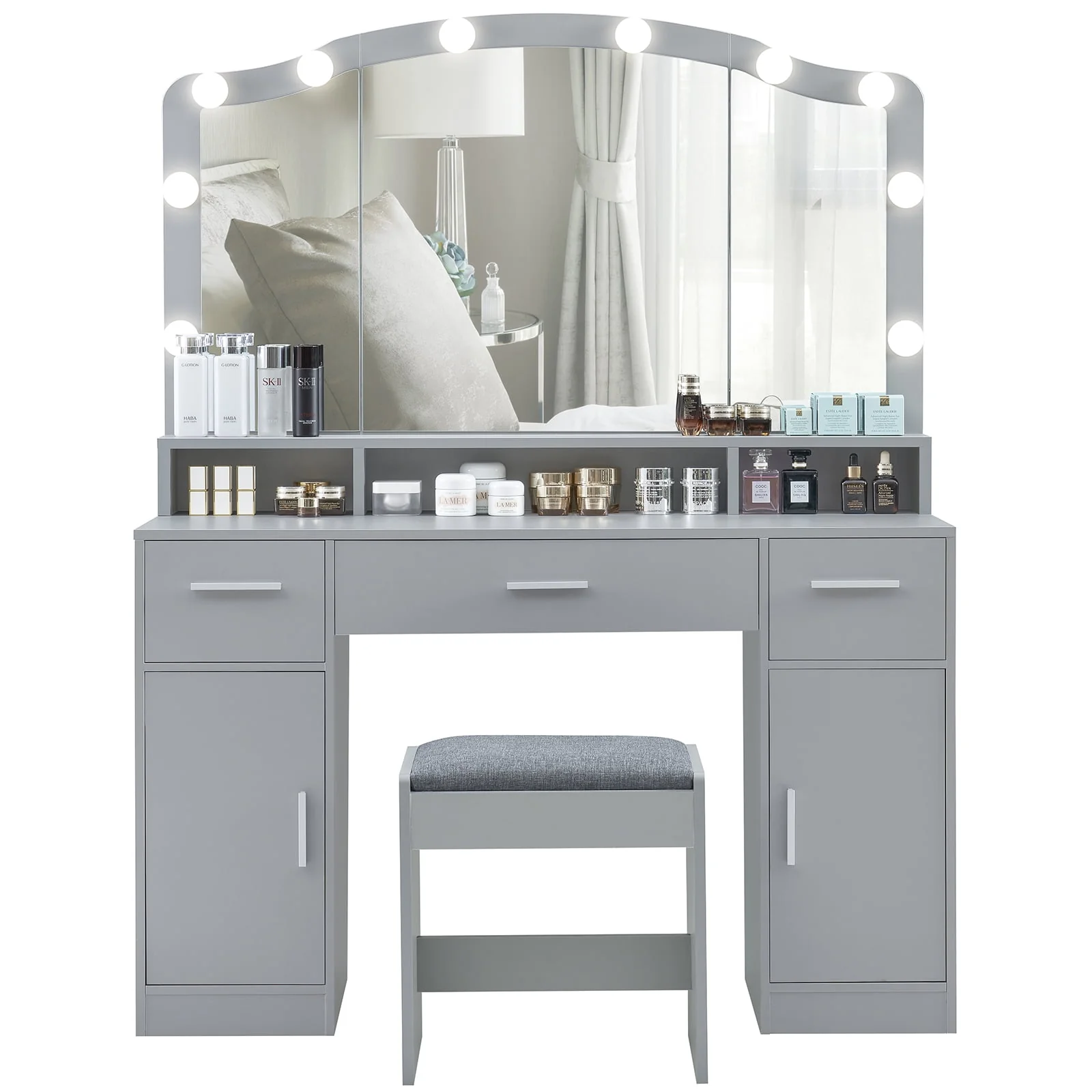 Lowest Prices - USIKEY Large Vanity Set with Large Lighted Mirror, Modern Makeup Vanity Table with 3 Drawers, 2 Storage Cabinets & 10 LED Bulbs and Cushioned Stool for Women, Bedroom, WhiteSZT32WD