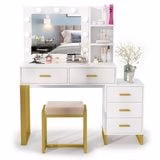 Lowest Prices - PAKASEPT Vanity Set with Lighted Mirror, Large Vanity Desk Makeup Vanity Dressing Table with 9 LED Lights, 5 Drawers, Storage Shelves&Cushioned Stool for Bedroom