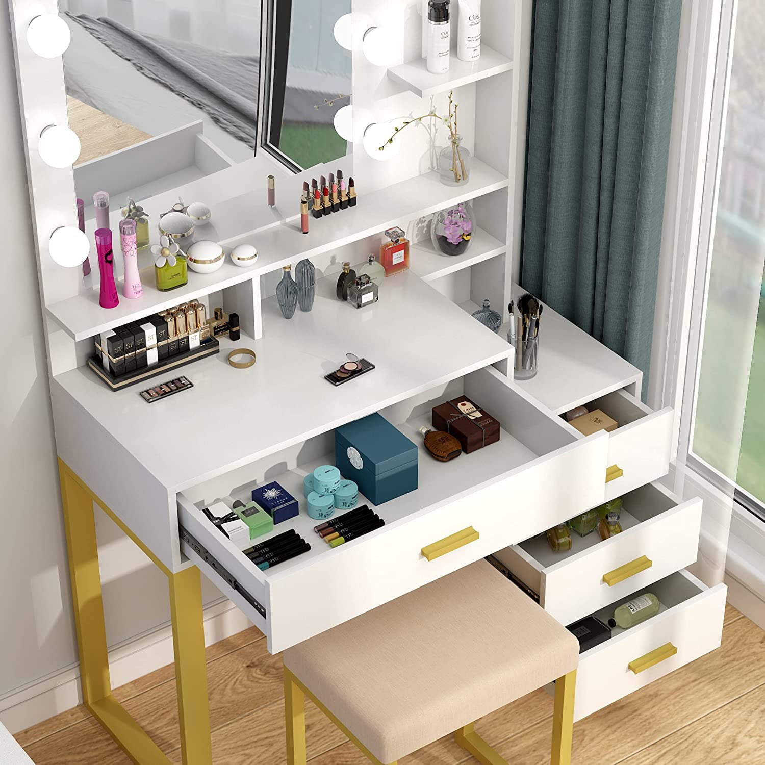 Lowest Prices - Pakasept Vanity Set with Lighted Mirror, Makeup Vanity Dressing Table with LED Light, Drawers, Storage Shelves and Cushioned Stool, Small Vanity Desk for Bedroom