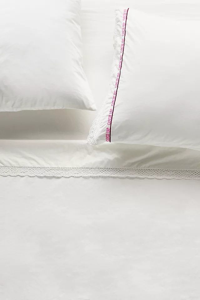 Organic Cotton Percale Embroidered Text Sheet Set