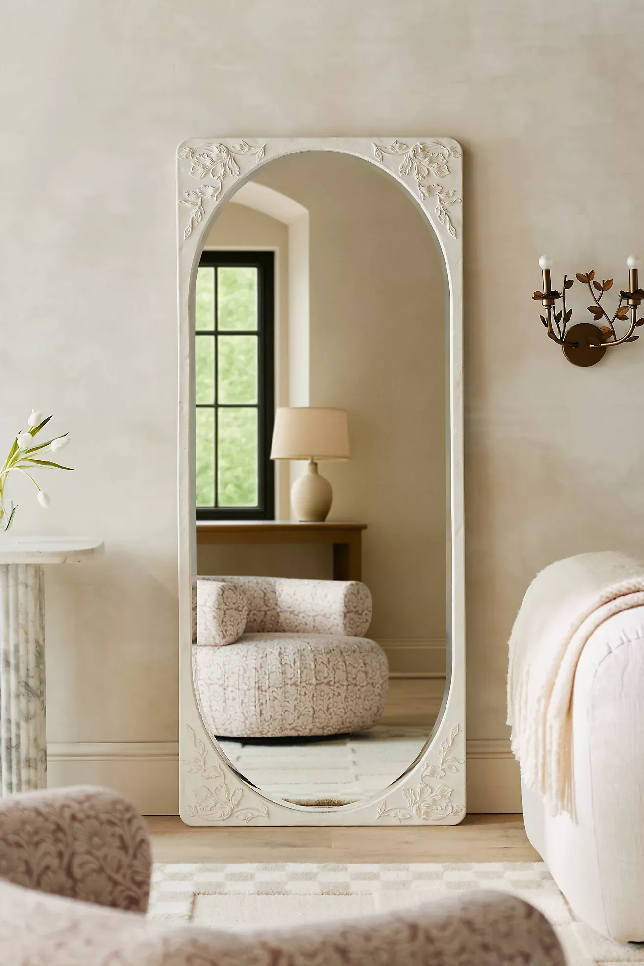 Naomi Etched Floral Rectangle Dressing Floor Mirror