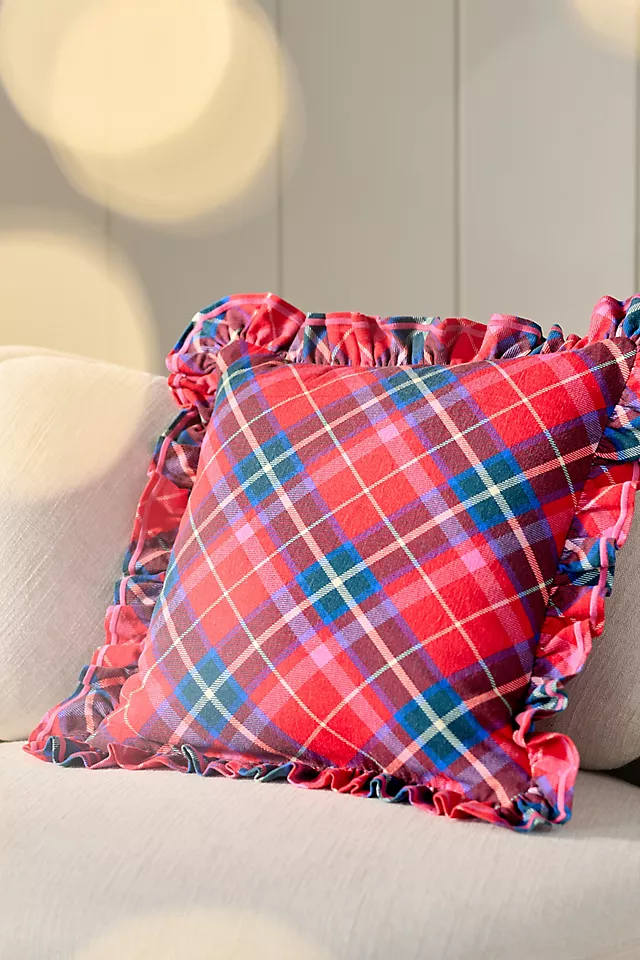 Tartan Cotton Embroidered Ruffle Pillow