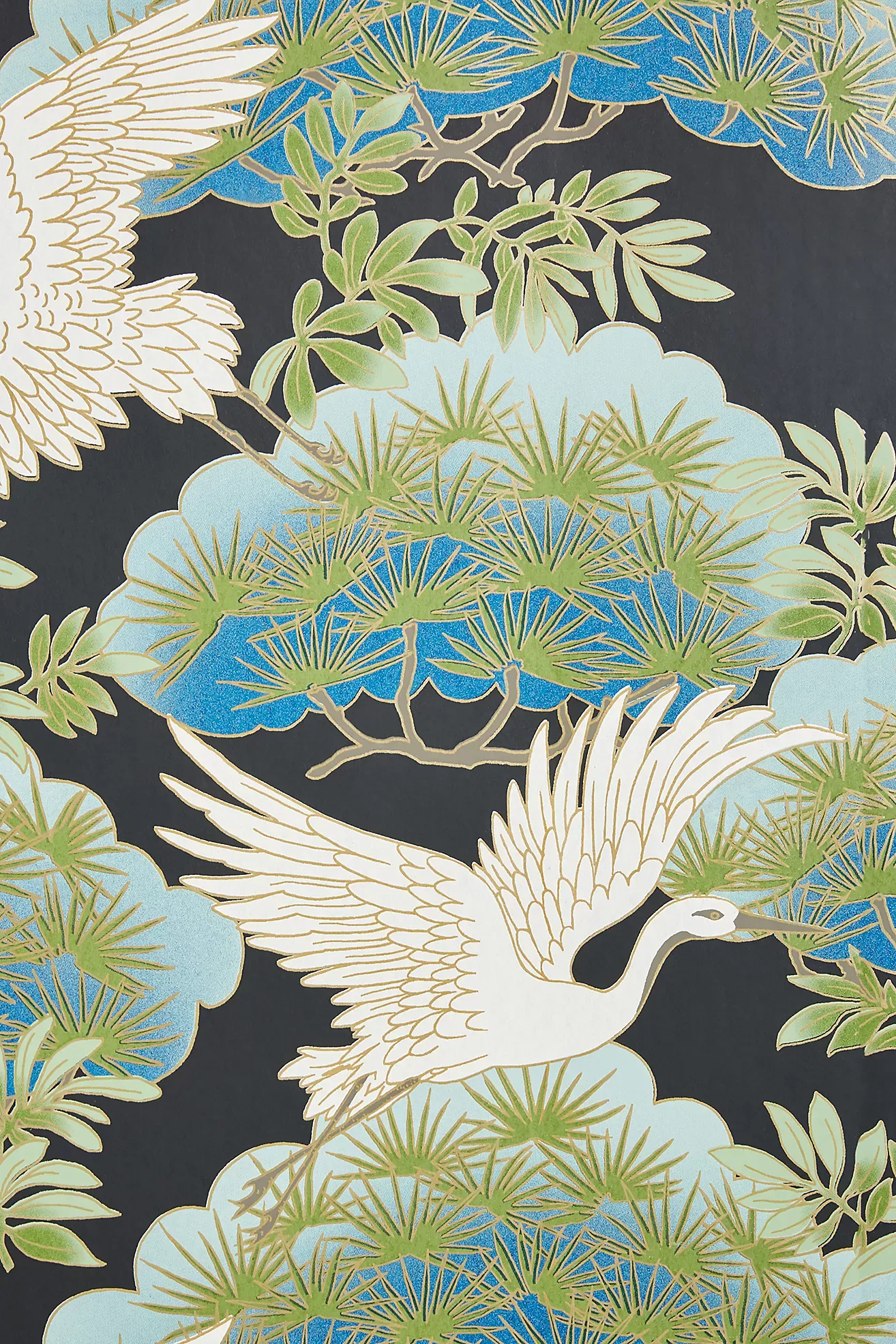 Sprig and Heron Black Floral Wallpaper